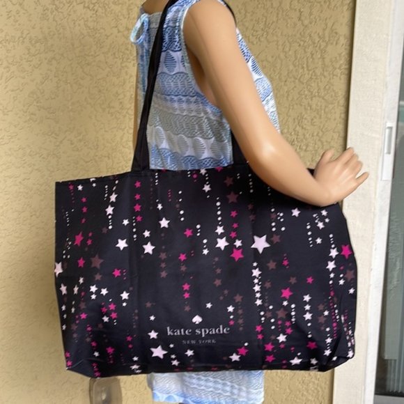 Kate Spade Black Multi Color with Light and Dark Pink Stars Canvas Tote XL - Picture 15 of 16
